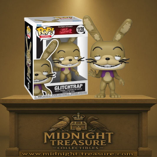 Funko Pop! Five Nights at Freddy’s Help Wanted 2 – Glitchtrap (N°1128). Figurine du lapin numérique corrompu, sourire inquiétant et costume usé, symbole de l’horreur psychologique de la saga FNAF.