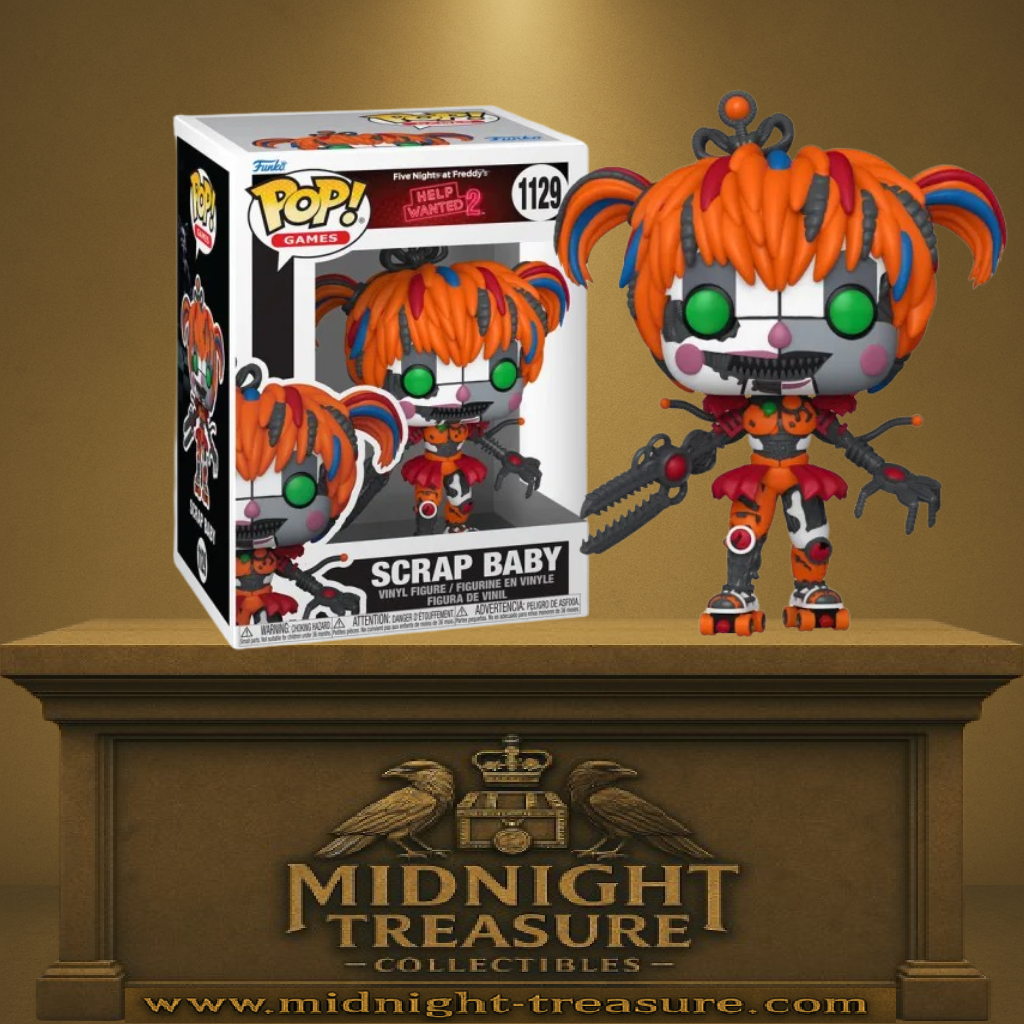 Funko Pop! Five Nights at Freddy’s Help Wanted 2 – Scrap Baby (N°1129). Animatronique aux cheveux orange, yeux verts lumineux et bras mécaniques armés, fidèle au jeu.