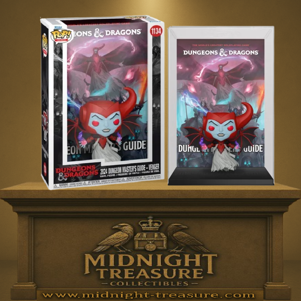 Funko Pop! Dungeons & Dragons – 2024 Dungeon Master’s Guide – Venger – Cover (N°1134). Figurine représentant Venger avec yeux rouges, ailes démoniaques et effets magiques violets, inspirée de la couverture officielle du guide.