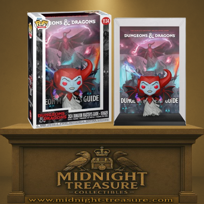 Funko Pop! Dungeons & Dragons – 2024 Dungeon Master’s Guide – Venger – Cover (N°1134). Figurine représentant Venger avec yeux rouges, ailes démoniaques et effets magiques violets, inspirée de la couverture officielle du guide.