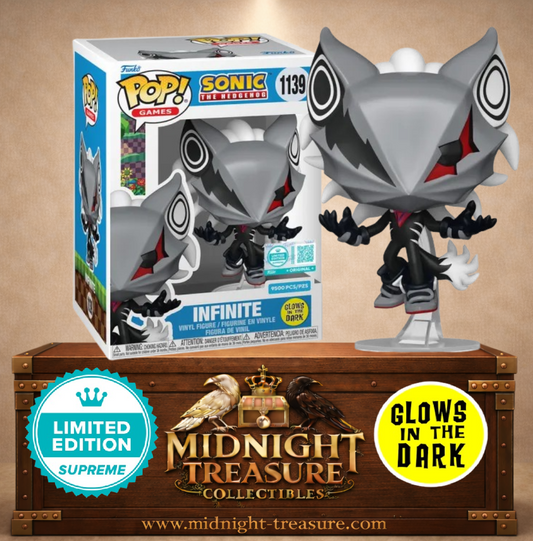 Funko Pop! Sonic the Hedgehog N°1139 – Infinite Glow Supreme Exclusive – figurine sombre avec masque et effets lumineux rouges. Une figurine rare parfaite pour les fans de Sonic.