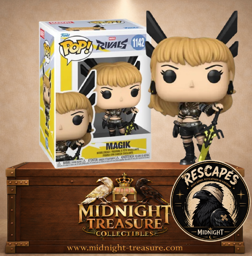Funko Pop! Games N°1142 Magik de Marvel Rivals avec tenue noire et Soulsword jaune-vert.