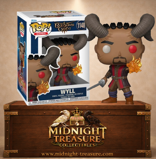 Funko Pop! Baldur’s Gate III N°1148 – Wyll – personnage avec cornes démoniaques et main enflammée. Une figurine fidèle parfaite pour les fans de Baldur’s Gate.