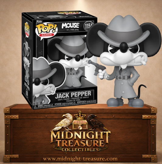 Funko Pop! Games N°1154 â Jack Pepper â Mickey Mouse. Version dĂ©tective noir et blanc avec chapeau et trench.