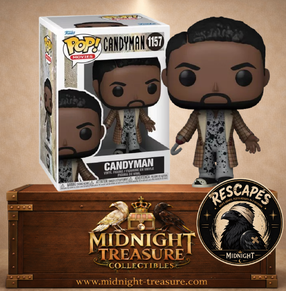 Funko Pop! Movies N°1157 Candyman Anthony McCoy avec crochet, boîte présentant plusieurs déformations et une déchirure en partie basse.