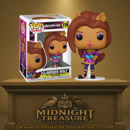 Funko Pop! Monster High – Clawdeen Wolf (N°116). Clawdeen Wolf en tenue violette avec accessoires mode, oreilles de loup et crocs apparents, figurine fidèle à l’univers Monster High.