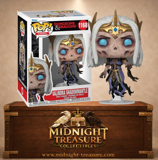 Funko Pop! Dungeons & Dragons N°1168 – Valindra Shadowmantle en liche avec yeux bleus lumineux et robe sombre flottante.