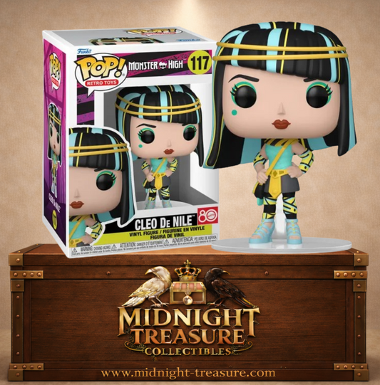 Funko Pop! Monster High N°117 – Cleo De Nile figurine avec style égyptien et accessoires dorés.