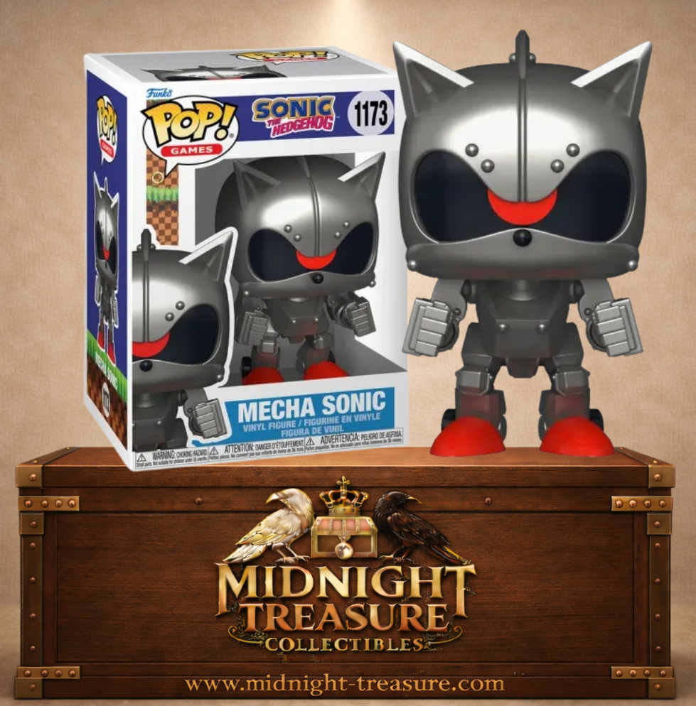Funko Pop! Games N°1173 – Mecha Sonic – Sonic the Hedgehog. Figurine robot métallique avec yeux sombres et design mécanique.