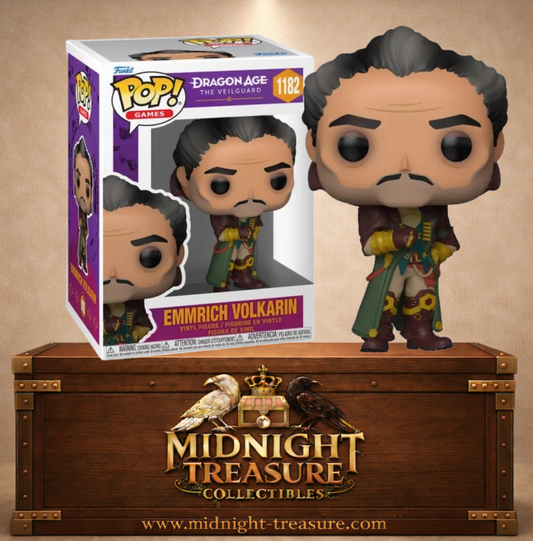 Funko Pop! Dragon Age The Veilguard N°1182 – Emmrich Volkarin avec tenue rouge et verte de nécromancien élégant. Une figurine fidèle parfaite pour les fans de Dragon Age.