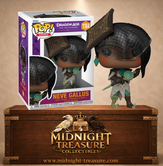 Funko Pop! Dragon Age The Veilguard N°1184 – Neve Gallus avec grand chapeau noir et tenue blanche et turquoise de mage détective.