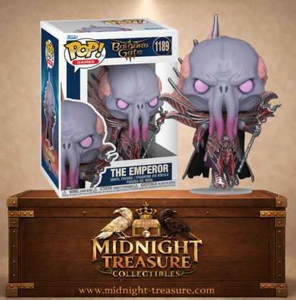 Funko Pop! Baldur’s Gate 3 N°1189 – The Emperor Illithid avec armure rouge détaillée et bâton. Une figurine fidèle parfaite pour les fans de Baldur’s Gate.