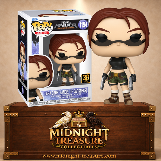 Funko Pop! Games N°1194 Lara Croft de Tomb Raider : L’Ange des Ténèbres avec lunettes noires, tenue camouflage et deux pistolets.
