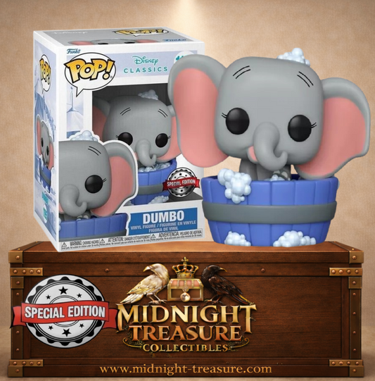 Funko Pop! N°1195 Dumbo in Bubble Bath (Dumbo dans son bain moussant) Disney Classics Special Edition, dans une bassine bleue remplie de bulles.