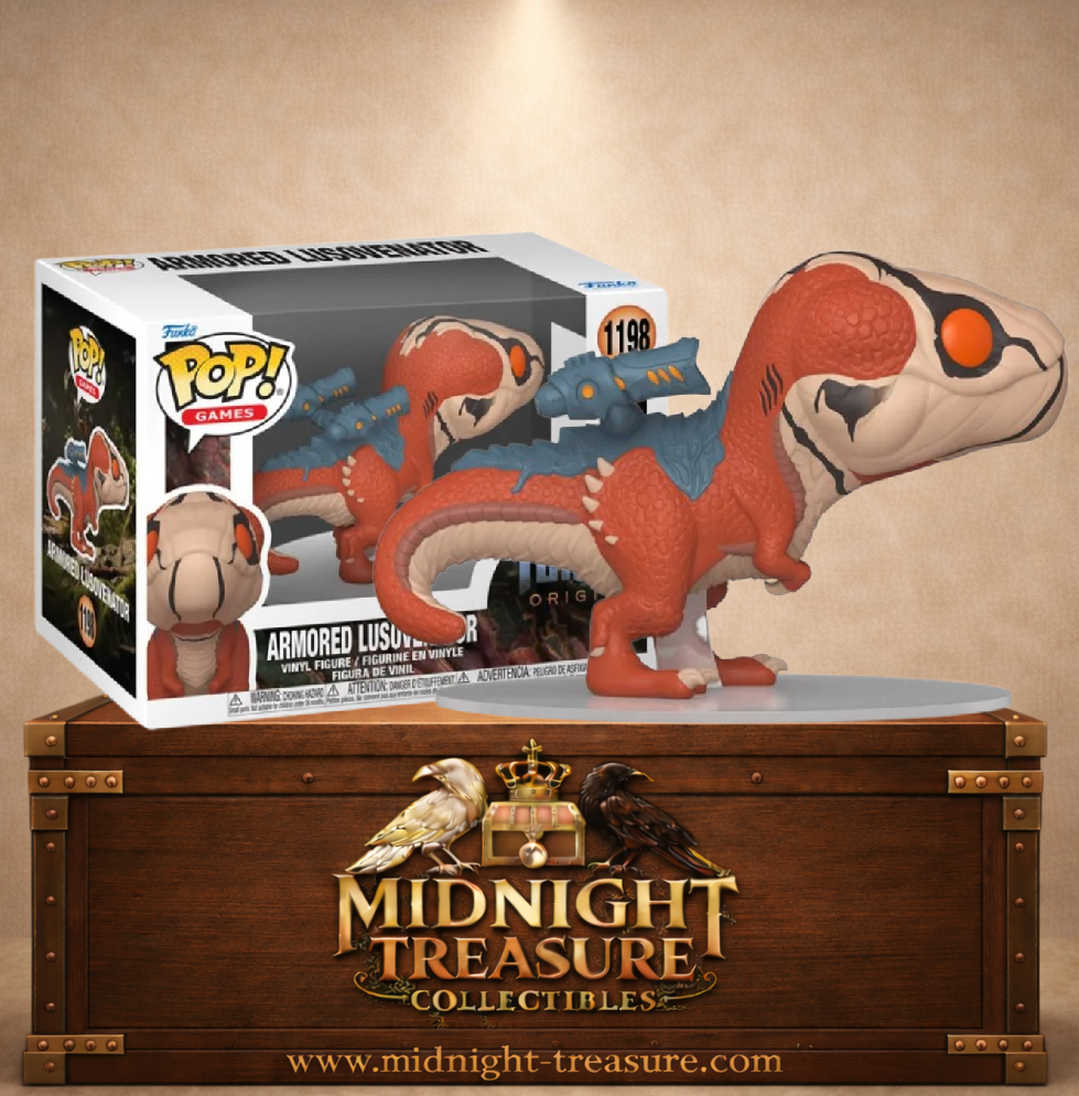 Funko Pop! Games N°1198 – Armored Lusovenator, dinosaure rouge équipé d'une armure futuriste et d'une arme dorsale inspiré de Turok Origins.