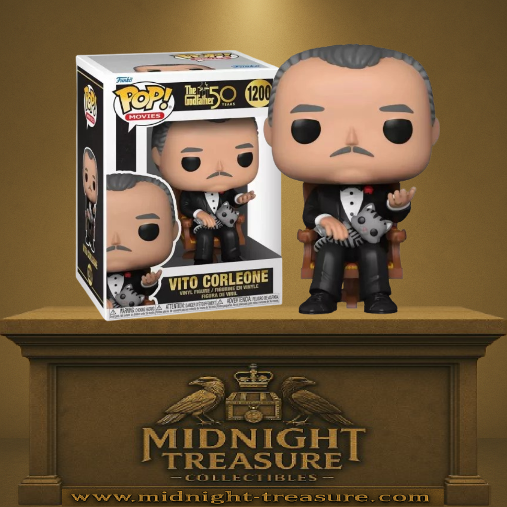 Funko Pop! The Godfather – Vito Corleone (N°1200). Vito Corleone assis dans son fauteuil avec un chat, figurine inspirée de la scène culte du Parrain.