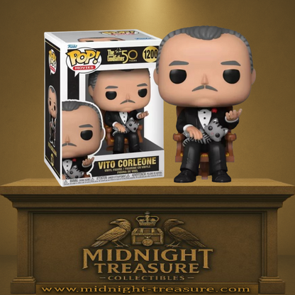 Funko Pop! The Godfather – Vito Corleone (N°1200). Vito Corleone assis dans son fauteuil avec un chat, figurine inspirée de la scène culte du Parrain.
