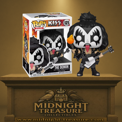 Funko Pop! Rocks – The Demon (Le Démon) – KISS (N°121). Personnage iconique de Gene Simmons avec maquillage noir et blanc, basse électrique et torche enflammée.