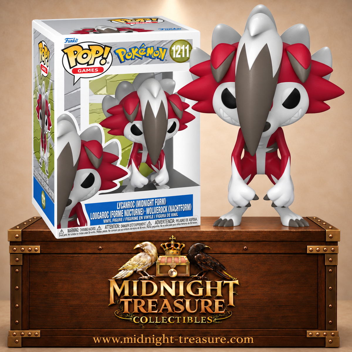 Funko Pop! Games N°1211 Lougaroc Forme Nocturne de Pokémon avec pelage rouge et blanc, yeux rouges et crinière rocheuse.