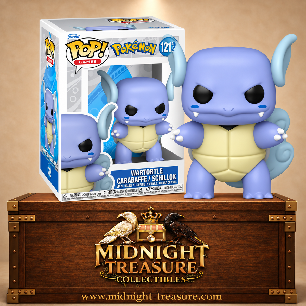 Funko Pop! Games N°1212 Wartortle (Carabaffe) de Pokémon avec corps bleu violacé, grandes oreilles et queue enroulée.