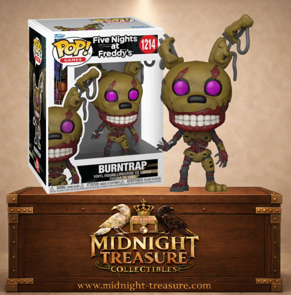 Funko Pop! Games N°1214 – Burntrap avec costume de lapin détérioré, endosquelette apparent et yeux violets lumineux inspiré de Five Nights at Freddy's Security Breach.