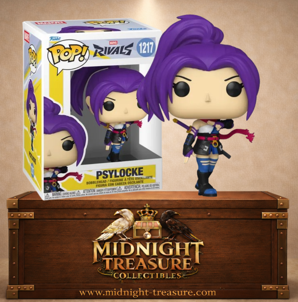 Funko Pop! Marvel Rivals N°1217 – Psylocke avec cheveux violets, tenue de combat futuriste et équipement ninja inspirée du jeu Marvel Rivals.