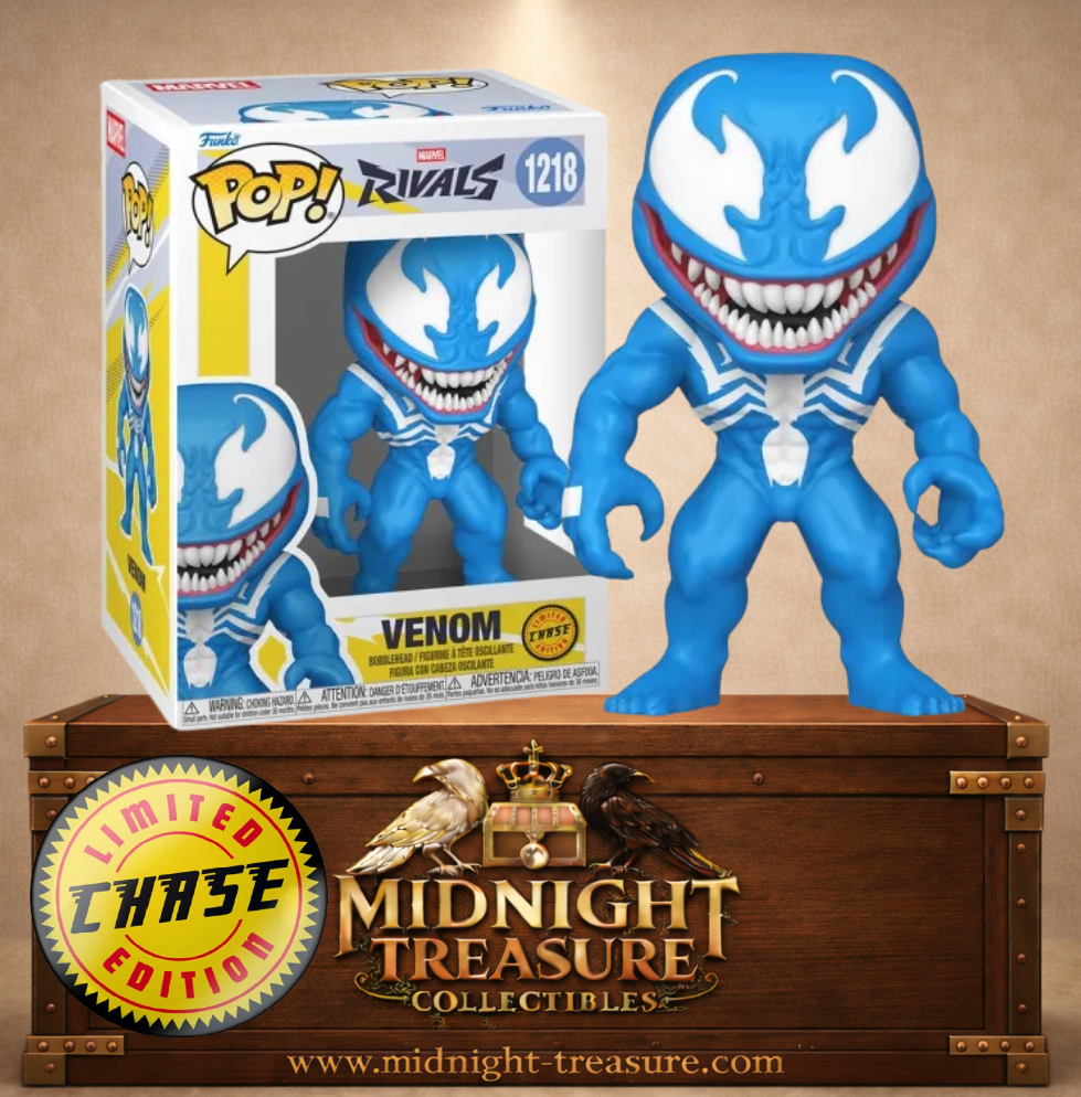 Funko Pop! Marvel Rivals N°1218 – Venom Chase Edition avec coloration bleue exclusive, sourire menaçant et symbole araignée blanc inspiré du jeu Marvel Rivals.