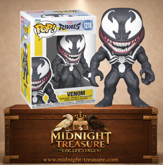 Funko Pop! Marvel Rivals N°1218 – Venom avec son imposante musculature, son emblème araignée blanc et son sourire rempli de crocs inspiré du jeu vidéo Marvel Rivals.