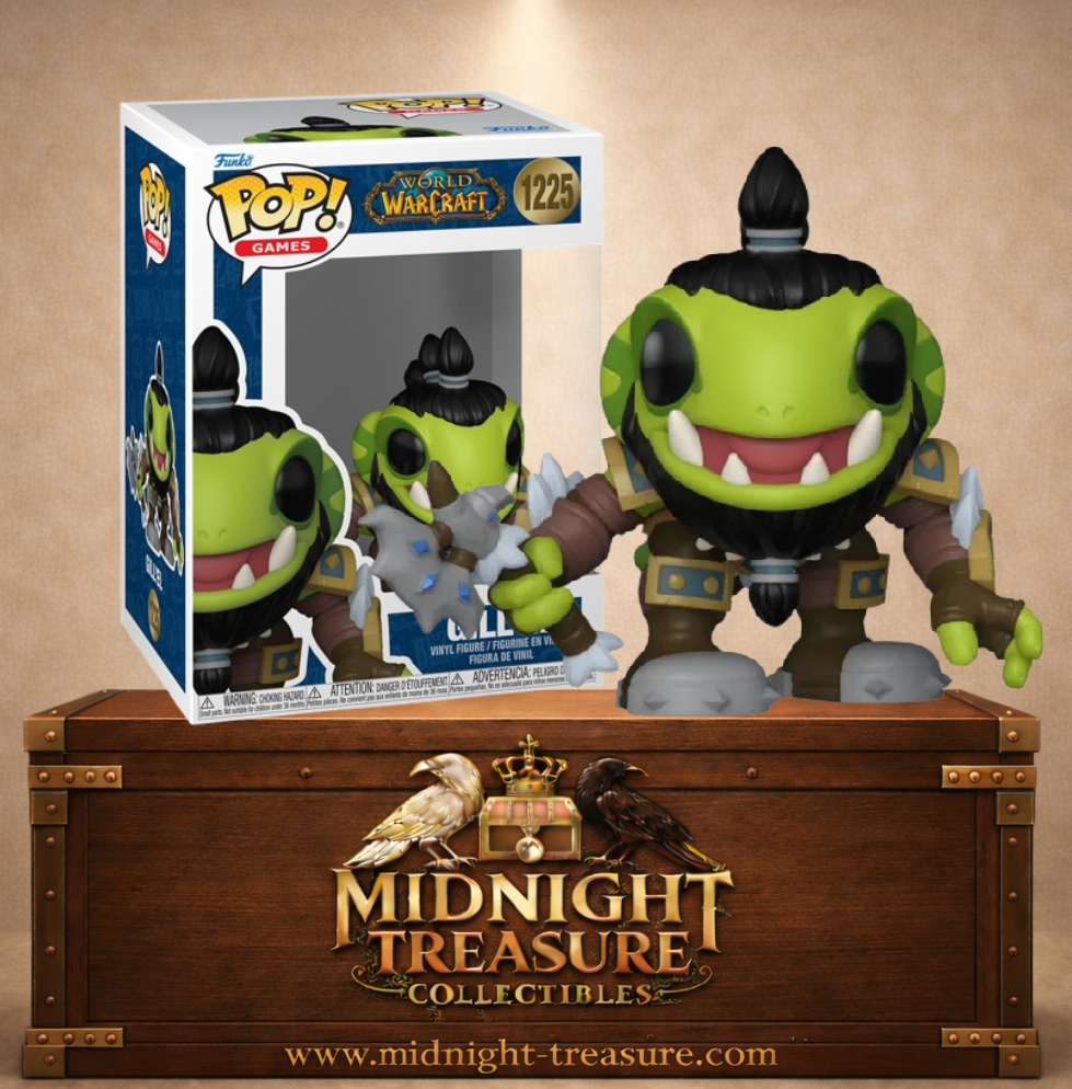 Funko Pop! Games N°1225 – Gill’el, Murloc en cosplay de Thrall avec armure, barbe tressée et marteau de guerre, inspiré de World of Warcraft.