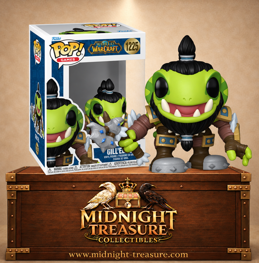 Funko Pop! Games N°1225 – Gill’el, Murloc en cosplay de Thrall avec armure, barbe tressée et marteau de guerre, inspiré de World of Warcraft.