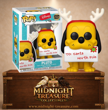 Funko Pop! Disney N°1227 – Pluto Holiday Edition avec bois de renne et lettre adressée au Père Noël inspirée des fêtes de Noël Disney.