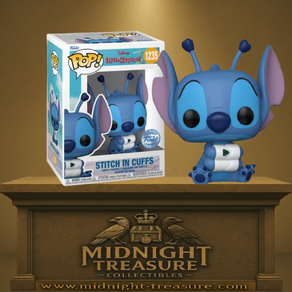 Funko Pop! Disney – Stitch in Cuffs (Stitch menotté) (N°1235). Stitch assis avec menottes galactiques, version inspirée du début du film Lilo & Stitch.