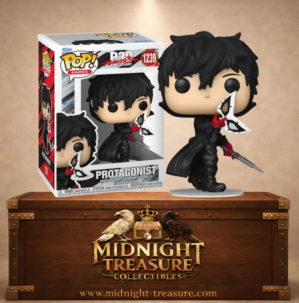 Funko Pop! Games N°1239 Protagoniste Joker de Persona 5 30e anniversaire avec manteau noir, masque blanc, gant rouge et dague.