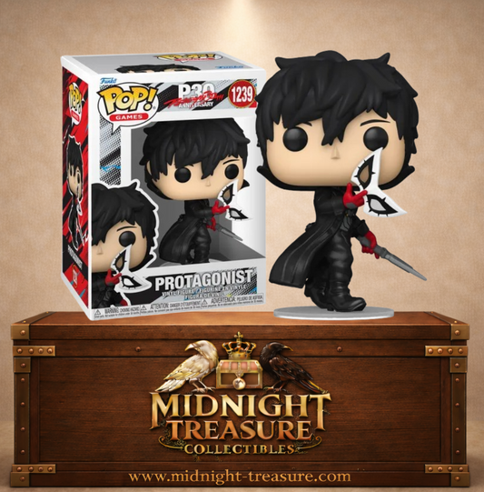 Funko Pop! Games N°1239 Protagoniste Joker de Persona 5 30e anniversaire avec manteau noir, masque blanc, gant rouge et dague.
