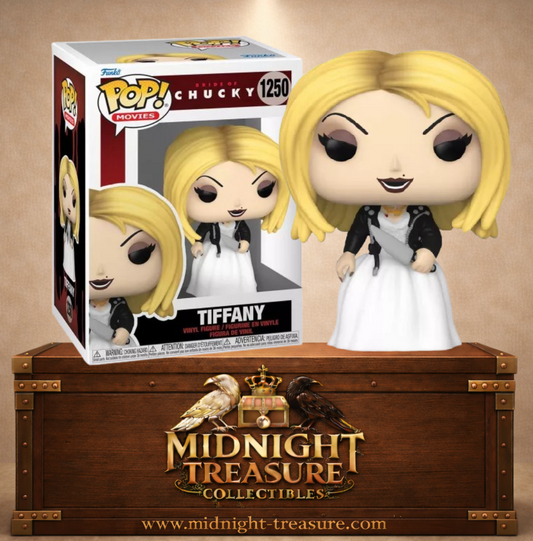 Funko Pop! Movies N°1250 – Tiffany Valentine – La Fiancée de Chucky. Figurine avec robe blanche et couteau.