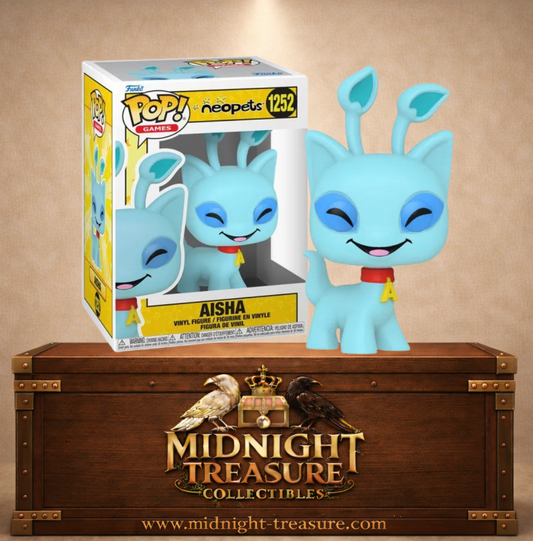 Funko Pop! Games N°1252 Aisha de Neopets, créature bleue aux longues oreilles avec collier rouge et pendentif jaune A.
