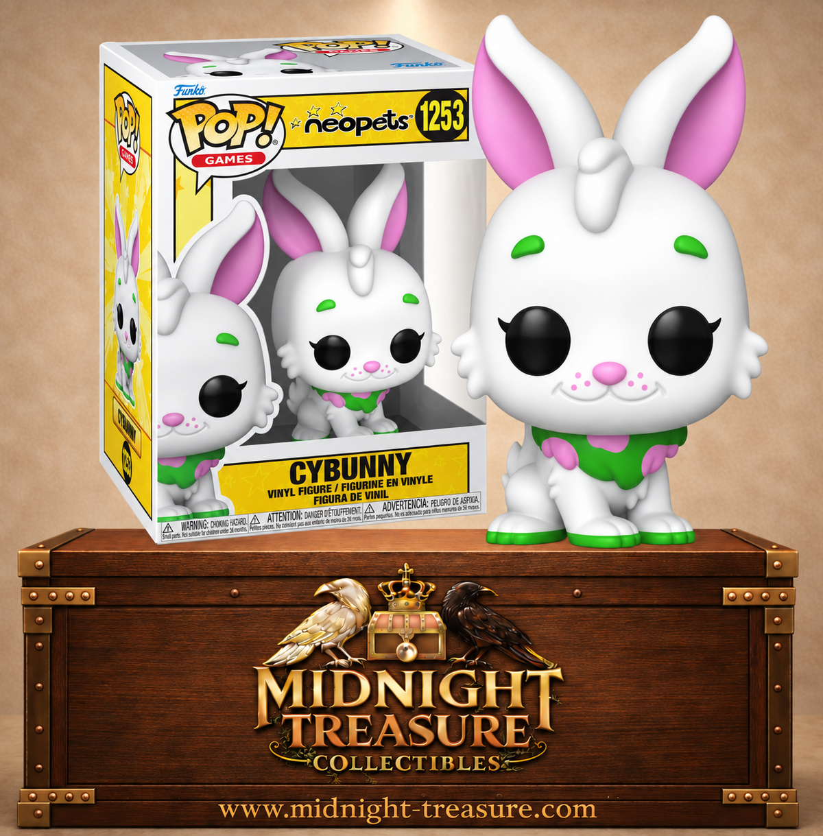 Funko Pop! Games N°1253 Cybunny de Neopets avec fourrure blanche, longues oreilles roses et détails verts.