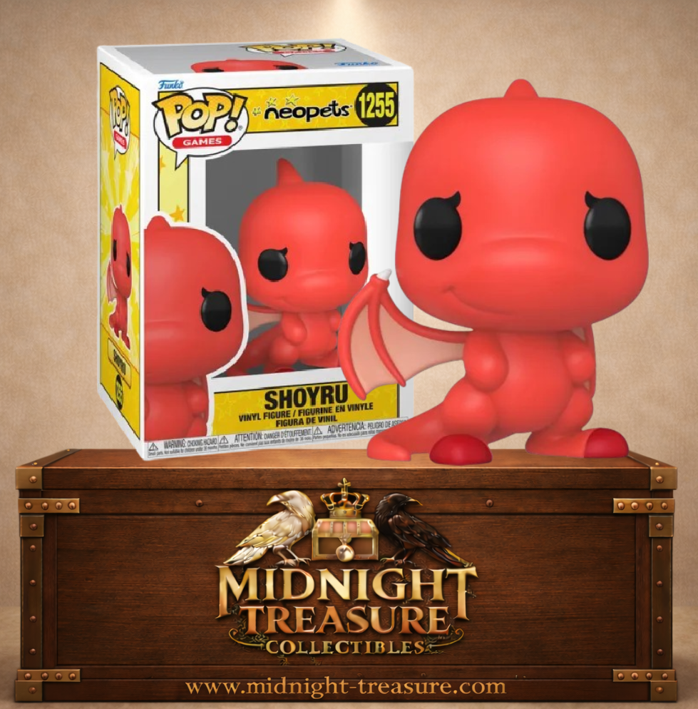 Funko Pop! Games N°1255 Shoyru de Neopets, petit dragon rouge souriant avec ailes et longue queue.