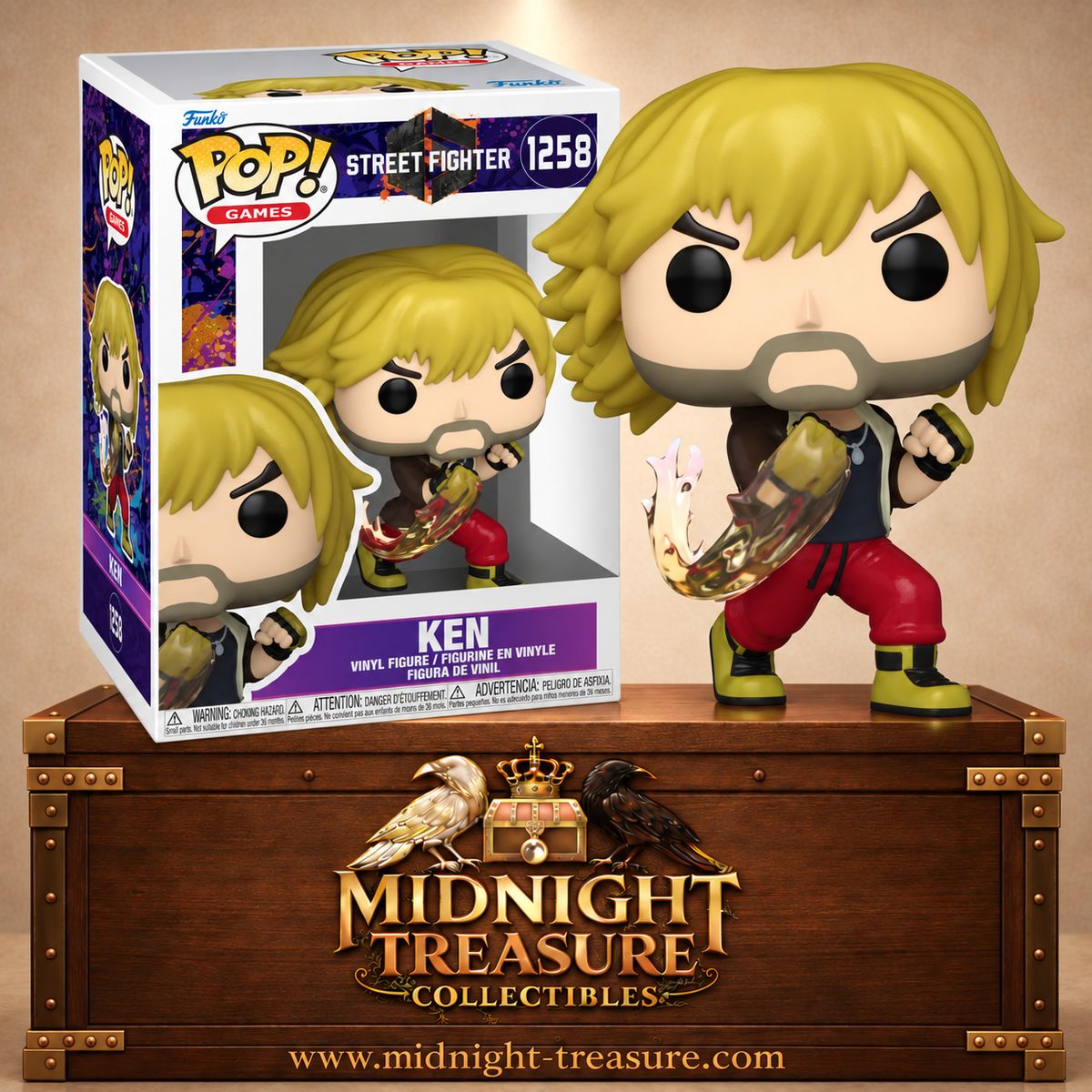 Funko Pop! Games N°1258 Ken de Street Fighter avec cheveux blonds, pantalon rouge et effet d’énergie en forme de dragon autour du bras.