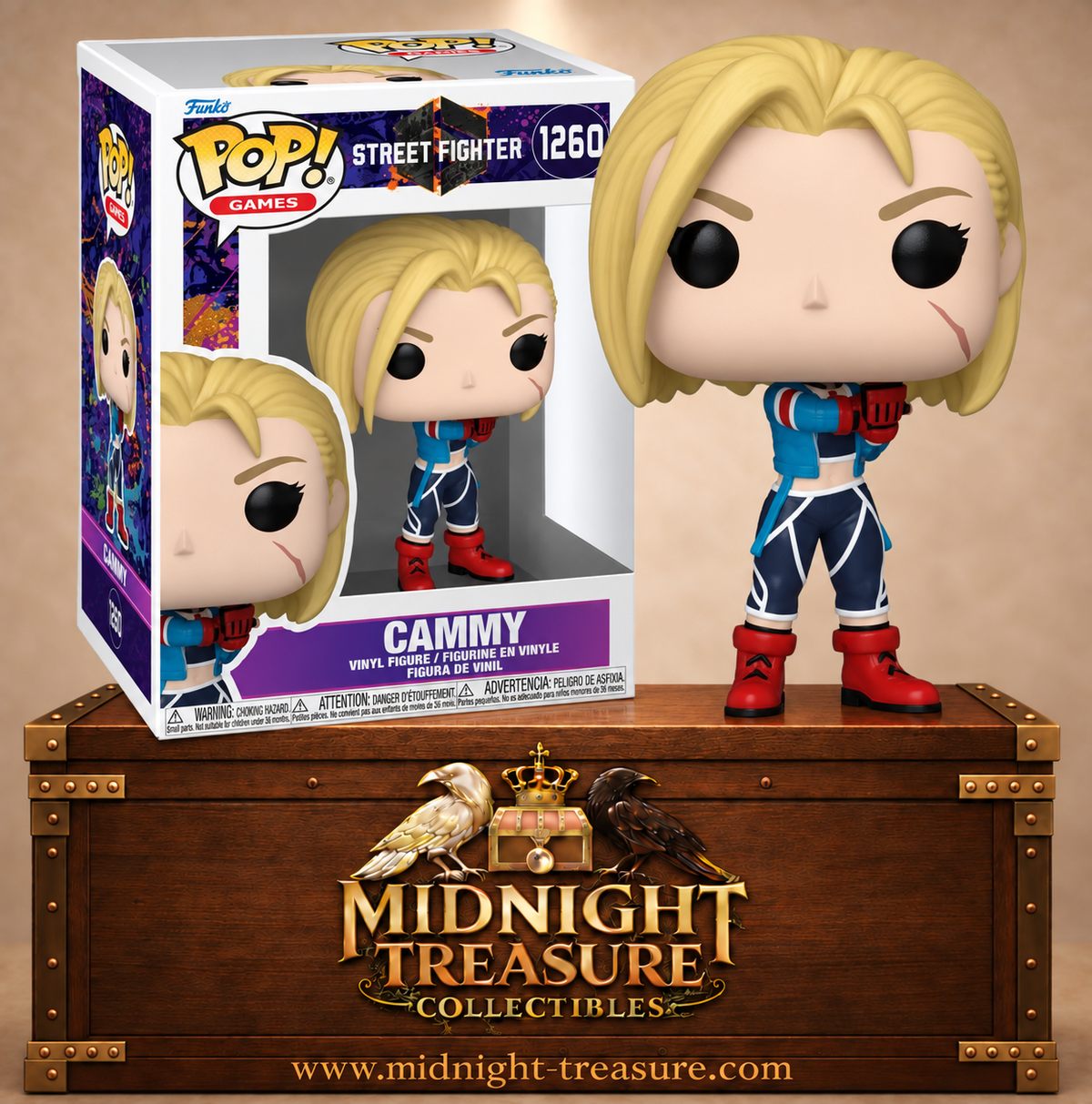 Funko Pop! Games N°1260 Cammy de Street Fighter 6 avec cheveux blonds courts, tenue de combat bleue et rouge et cicatrice sur la joue.