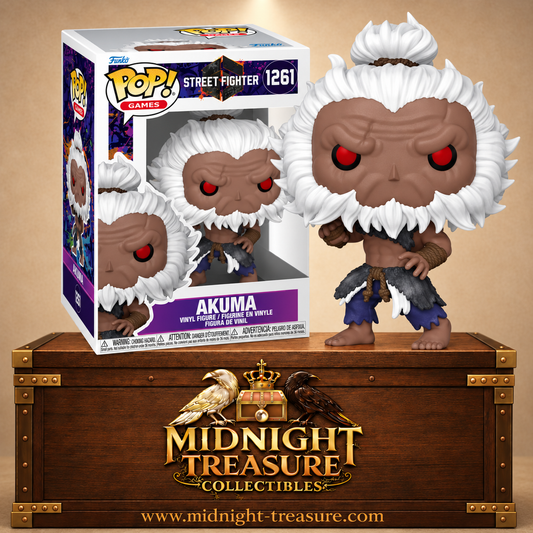 Funko Pop! Games N°1261 Akuma de Street Fighter avec cheveux et barbe blancs, yeux rouges et tenue de combat déchirée.