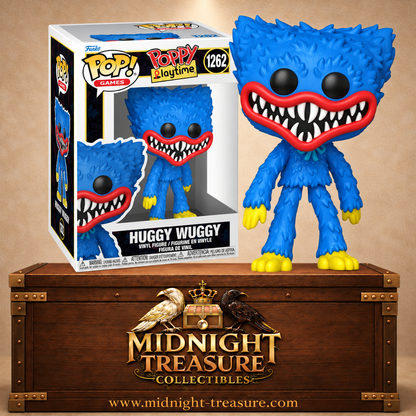 Funko Pop! Games N°1262 Huggy Wuggy de Poppy Playtime avec fourrure bleue, lèvres rouges et gueule remplie de dents acérées.