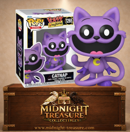 Funko Pop! N°1265 CatNap Poppy Playtime, chat violet Smiling Critters avec croissant de lune jaune et longue queue.