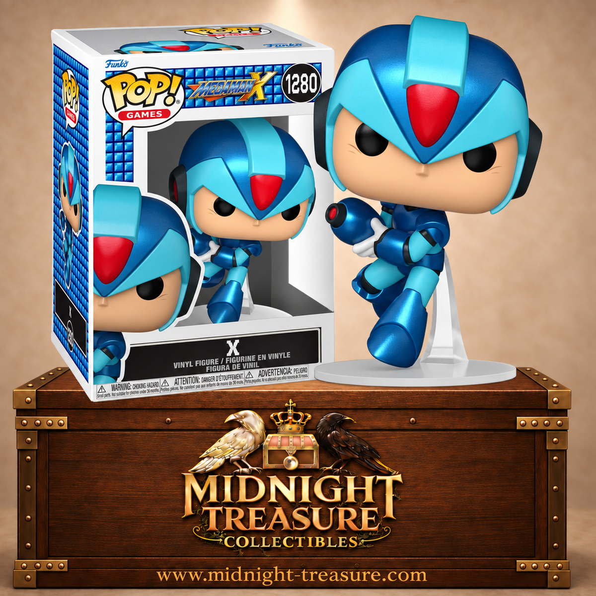 Funko Pop! Games N°1280 X de Mega Man X en armure bleue, en pleine action avec son X-Buster pointé vers l’avant.
