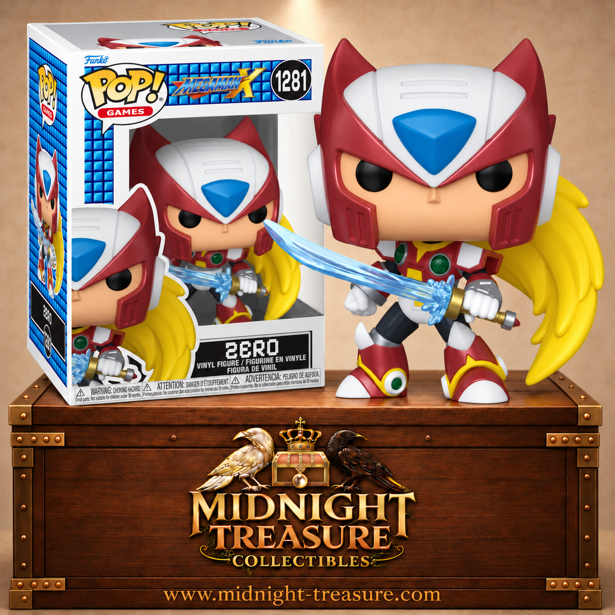 Funko Pop! Games N°1281 Zero de Mega Man X avec armure rouge et blanche, longue chevelure blonde et Z-Saber dégainé.