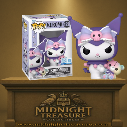 Funko Pop! Sanrio – Kuromi with Bear (Kuromi avec ours) (N°129). Kuromi en capuche violette avec crâne rose, accompagnée de son ours en peluche.