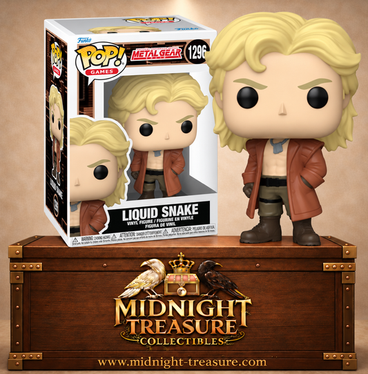 Funko Pop! Games N°1296 Liquid Snake de Metal Gear Solid avec cheveux blonds, long manteau brun et tenue militaire.