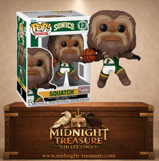 Funko Pop! Basketball N°13 – Squatch – mascotte Seattle SuperSonics. Figurine Bigfoot mascotte NBA tenant un ballon de basket.