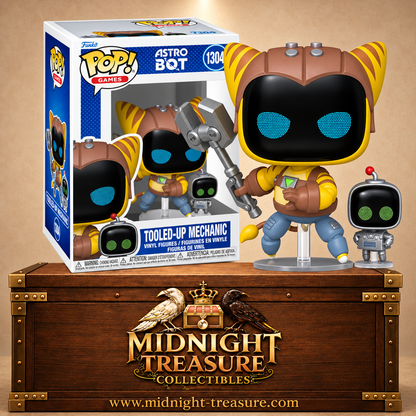 Funko Pop! Games N°1304 Mécanicien suréquipé et Buddy d’Astro Bot, inspirés de Ratchet et Clank, avec grande clé métallique.