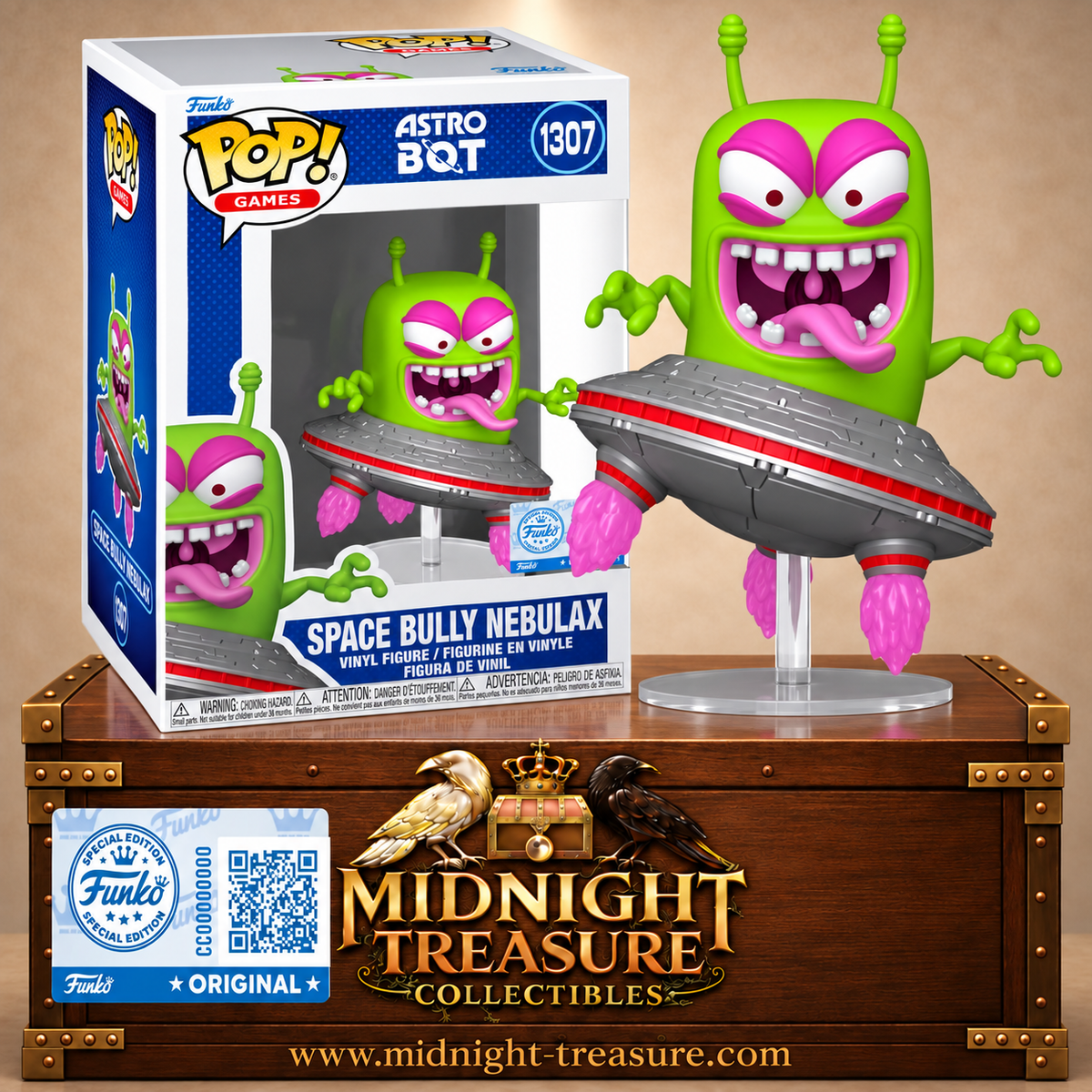 Funko Pop! Games N°1307 Nebulax, la Brute de l’espace d’Astro Bot, extraterrestre vert dans sa soucoupe volante avec réacteurs violets.